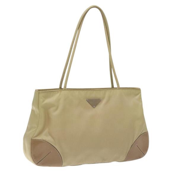 PRADA Tote Bag Nylon Leather Beige Silver Auth 129939 - Picture 1 of 16